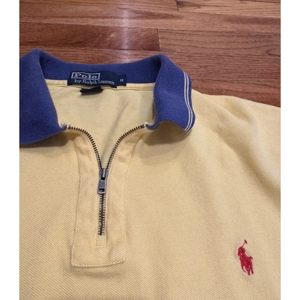Ralph Lauren 1/4 Zip Polo Short Sleeve Classic Fit Shirt Yellow Blue golf prep M